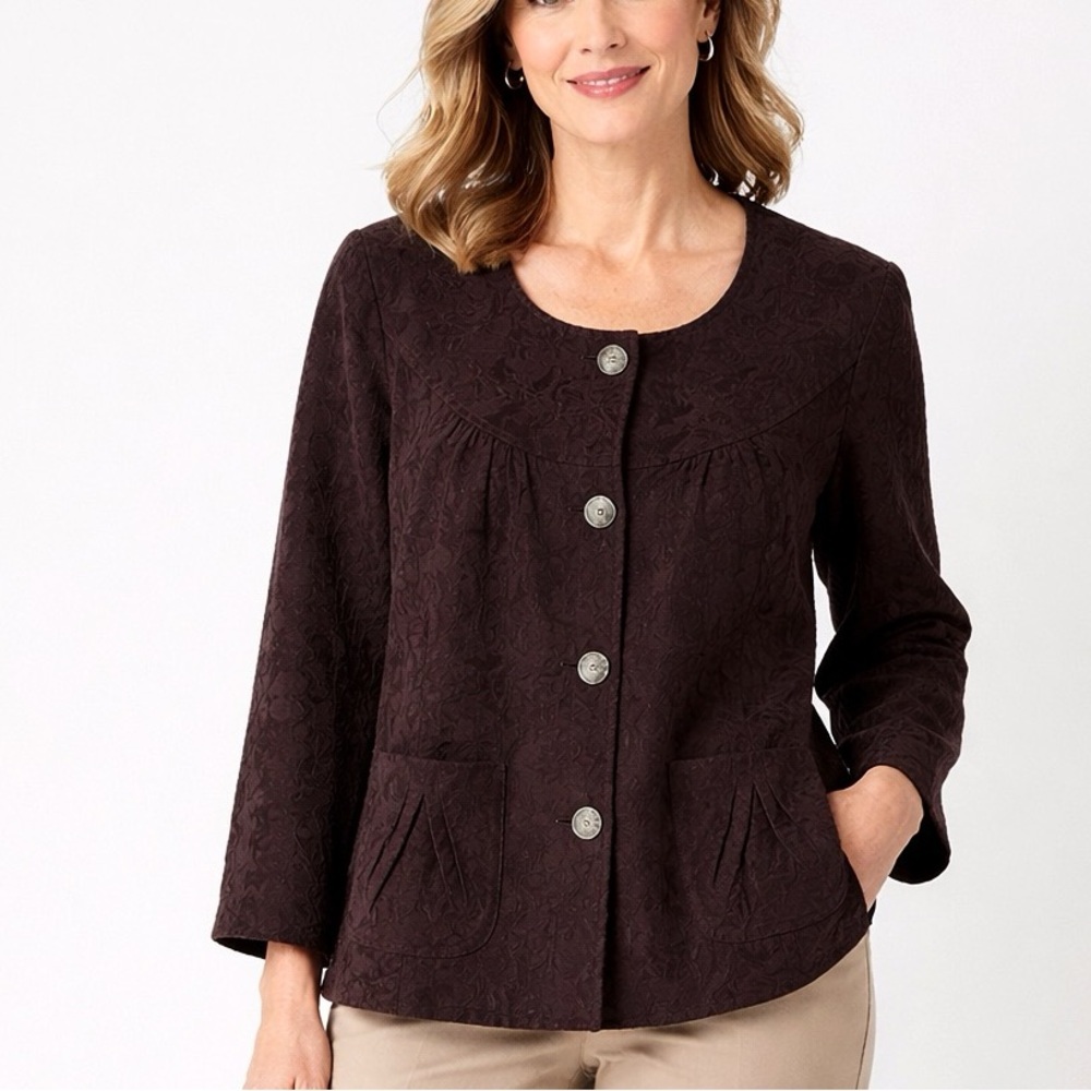 J. Jill Brown Textured Jacket Blazer Womens 14 Lined 3/4 Sleeve Pockets